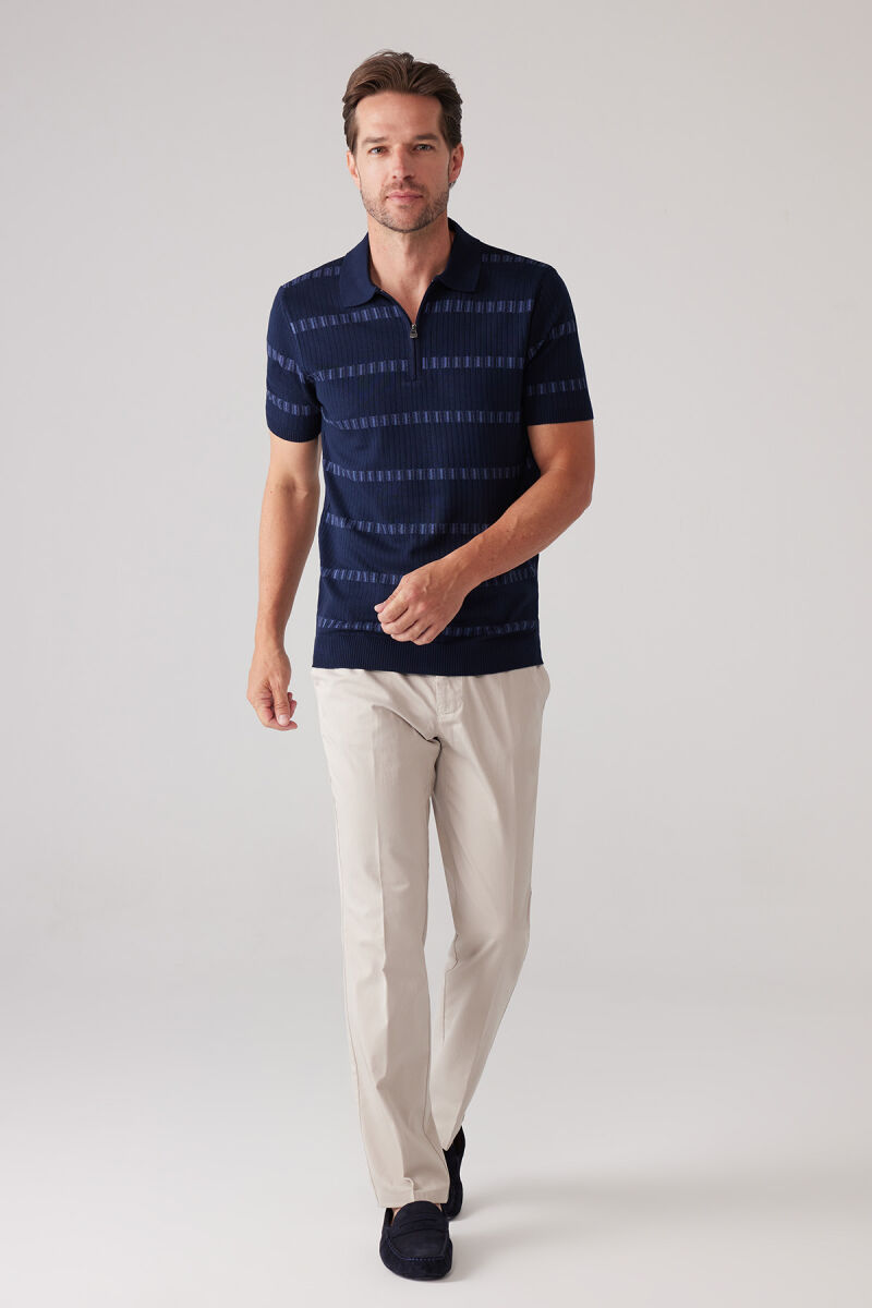 Erkek Lacivert Slim Fit Pamuk Karışımlı Fermuarlı Desenli Tişört - 2