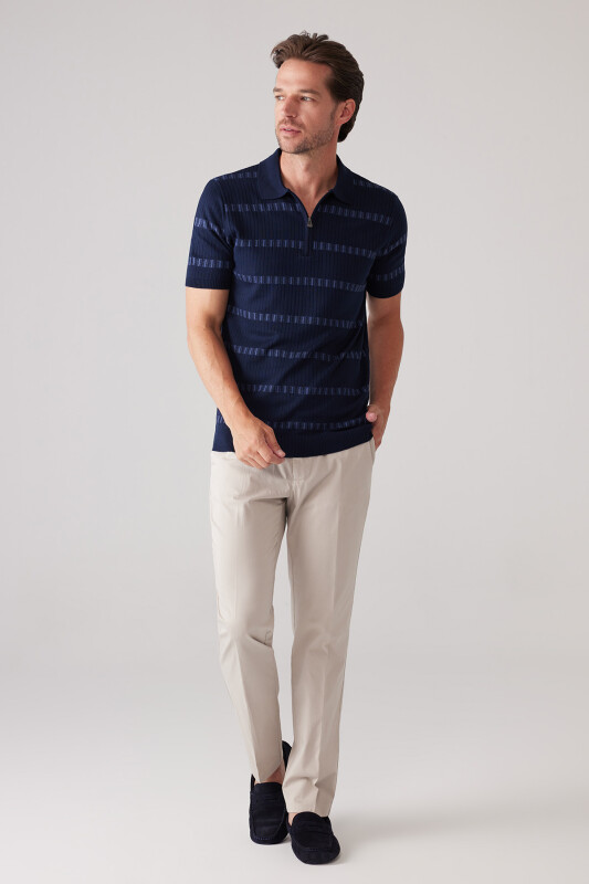Erkek Lacivert Slim Fit Pamuk Karışımlı Fermuarlı Desenli Tişört