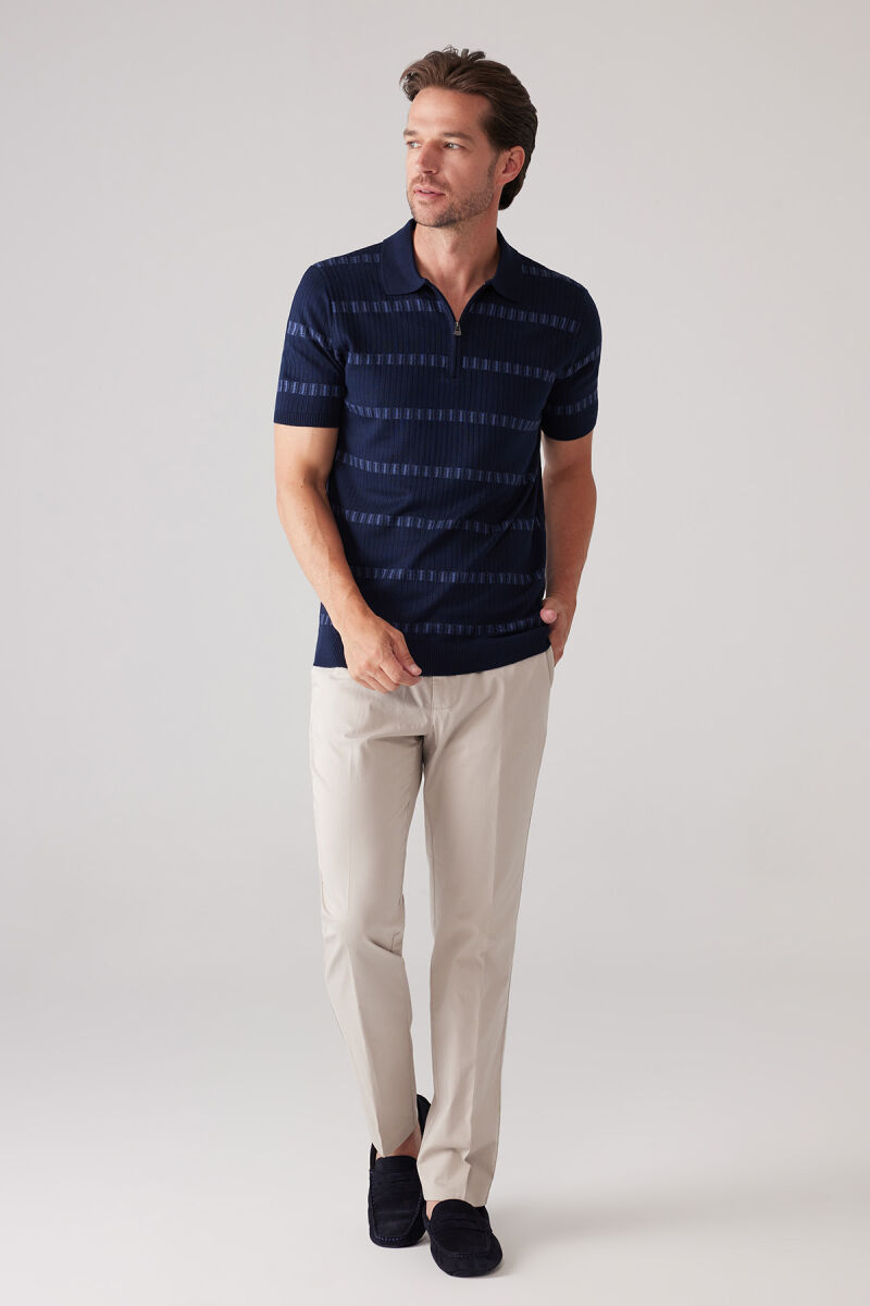 Erkek Lacivert Slim Fit Pamuk Karışımlı Fermuarlı Desenli Tişört - 3