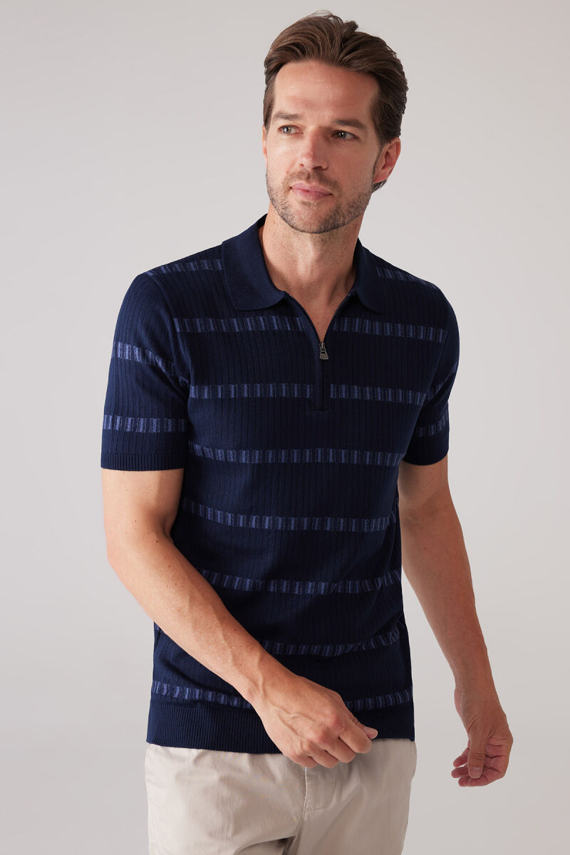 Erkek Lacivert Slim Fit Pamuk Karışımlı Fermuarlı Desenli Tişört - 4