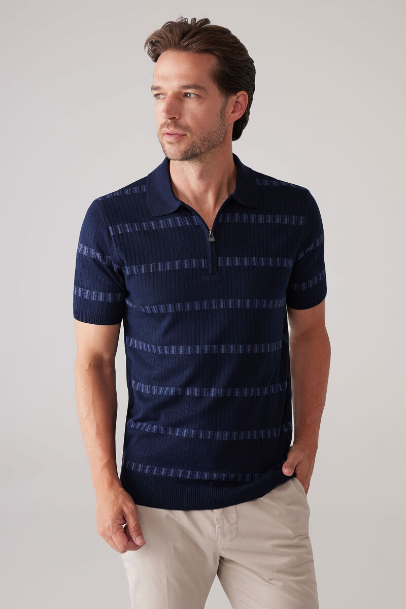 Erkek Lacivert Slim Fit Pamuk Karışımlı Fermuarlı Desenli Tişört - 5