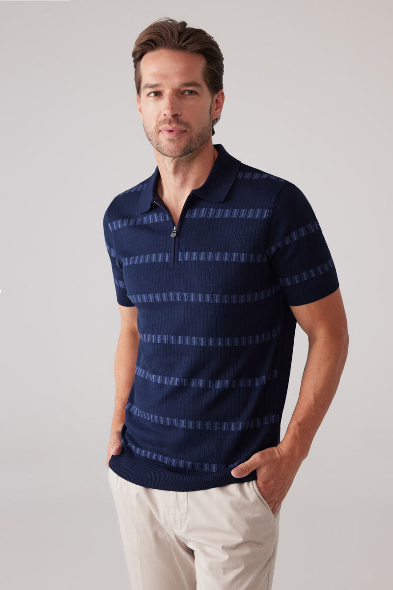Erkek Lacivert Slim Fit Pamuk Karışımlı Fermuarlı Desenli Tişört - 6