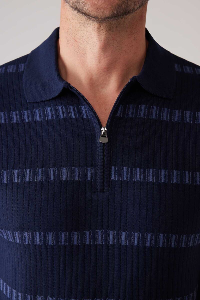 Erkek Lacivert Slim Fit Pamuk Karışımlı Fermuarlı Desenli Tişört - 7