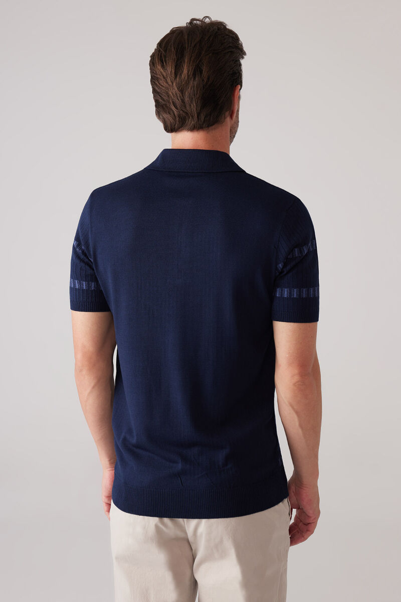 Erkek Lacivert Slim Fit Pamuk Karışımlı Fermuarlı Desenli Tişört - 8