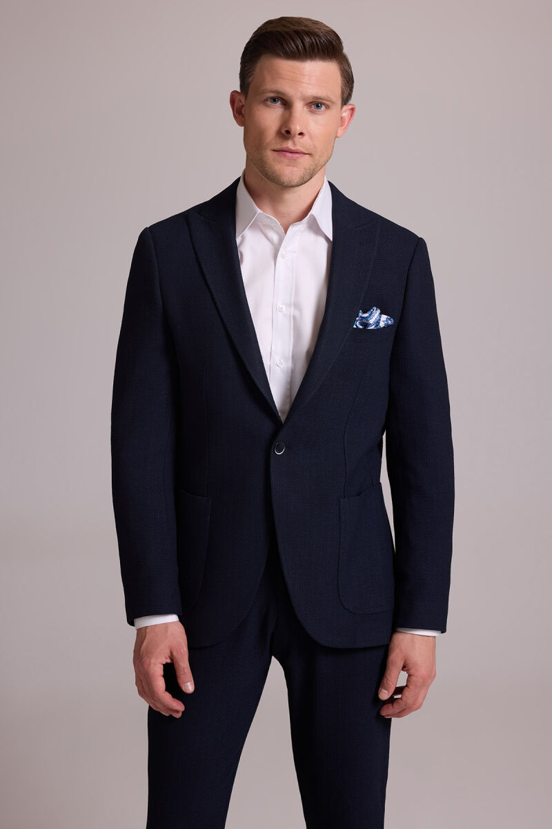 Erkek Lacivert Slim Fit Sivri Yaka Takım Elbise - 5