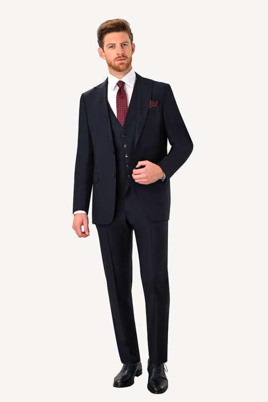 Erkek Lacivert Slim Fit Sivri Yaka Takım Elbise