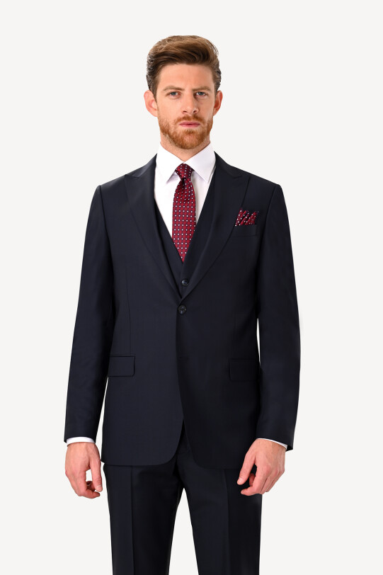 Erkek Lacivert Slim Fit Sivri Yaka Takım Elbise