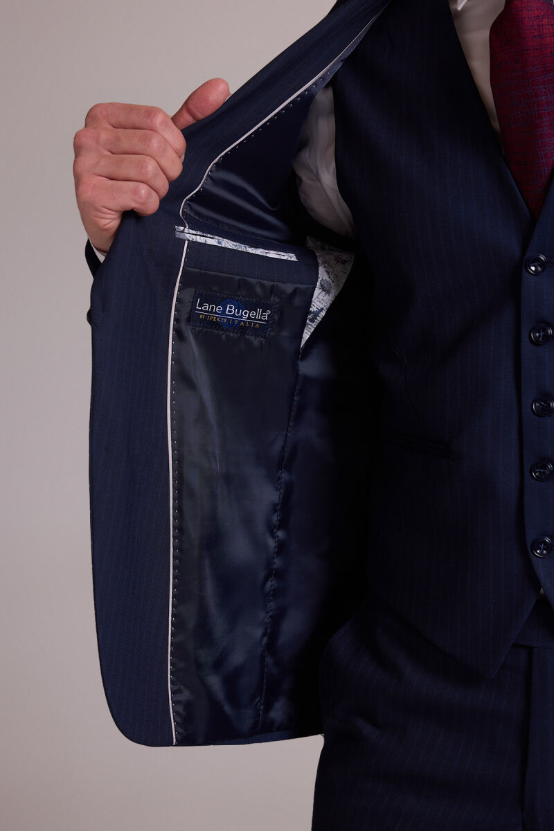 Erkek Lacivert Slim Fit Sivri Yaka Yelekli %100 Yün Takım Elbise - 10