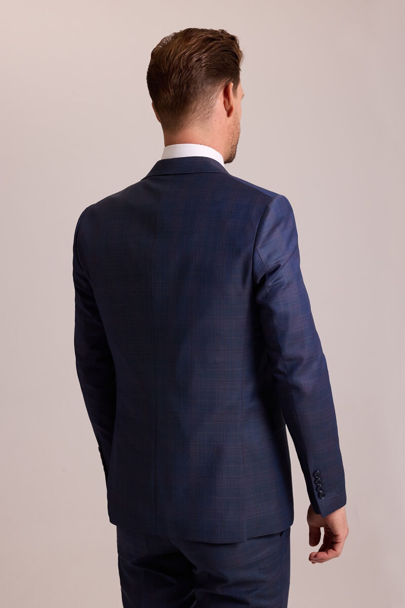 Erkek Lacivert Slim Fit Sivri Yaka Yelekli Yün Takım Elbise - 10