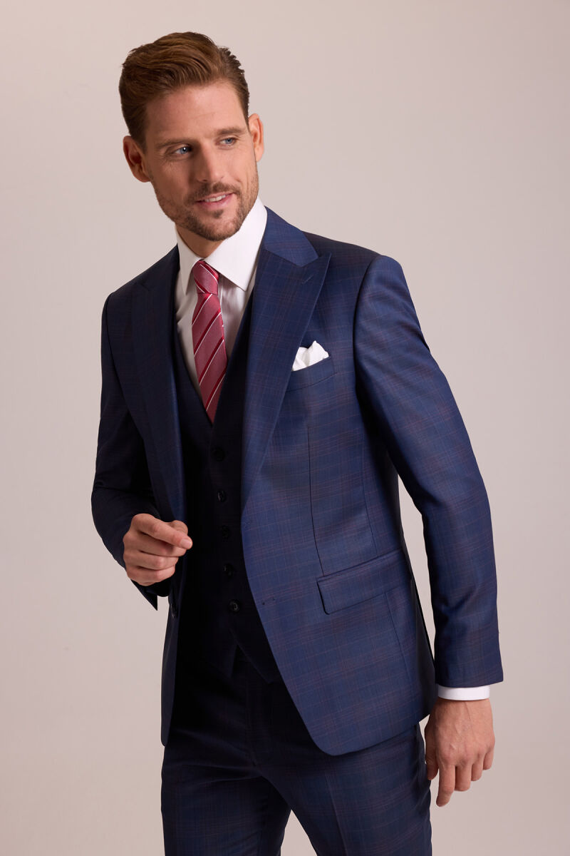 Erkek Lacivert Slim Fit Sivri Yaka Yelekli Yün Takım Elbise - 2