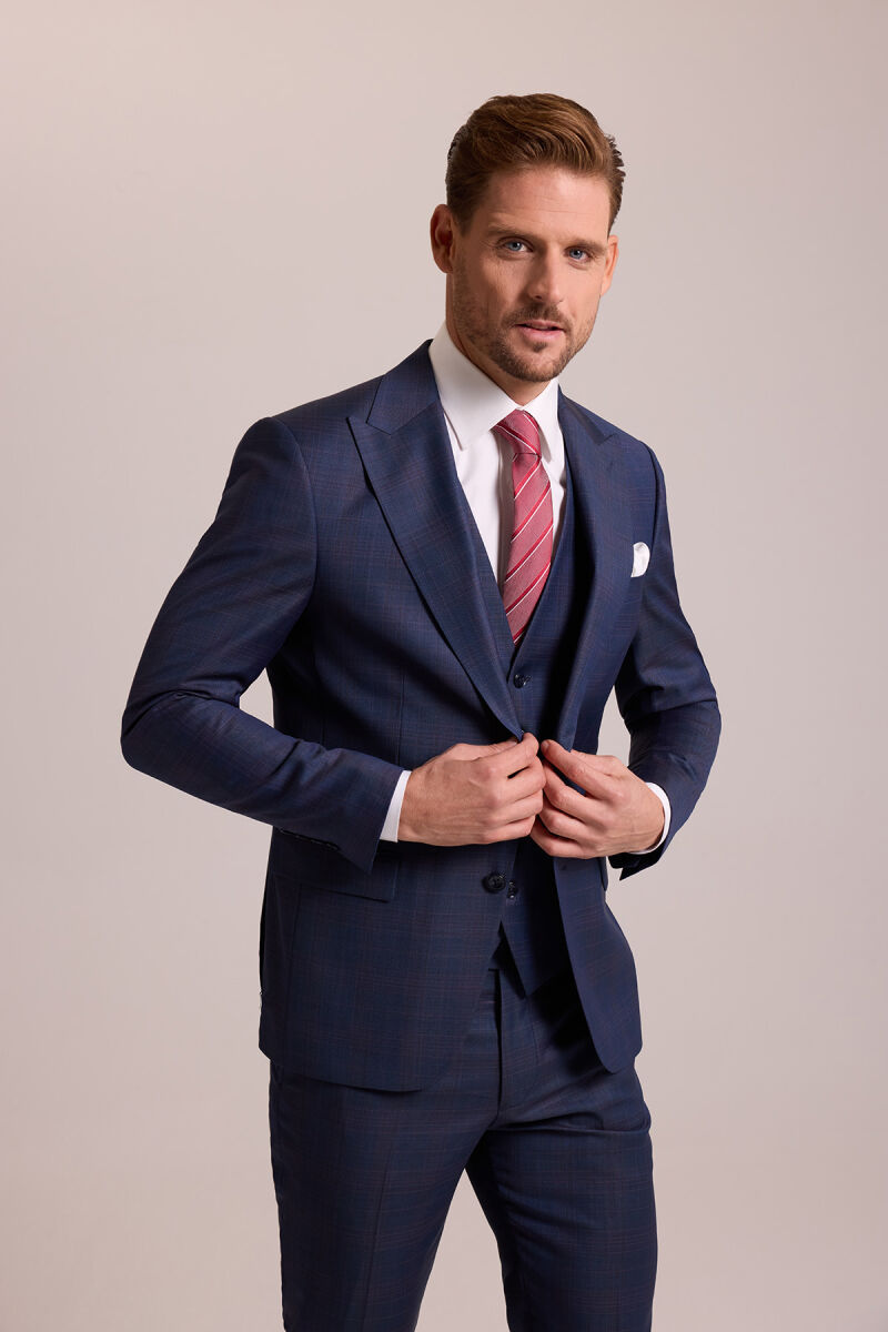 Erkek Lacivert Slim Fit Sivri Yaka Yelekli Yün Takım Elbise - 6