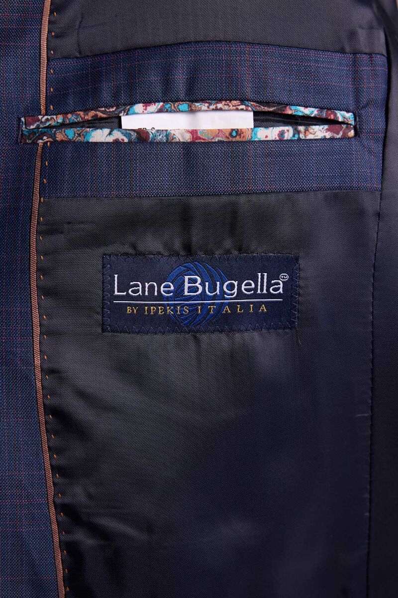 Erkek Lacivert Slim Fit Sivri Yaka Yelekli Yün Takım Elbise - 7