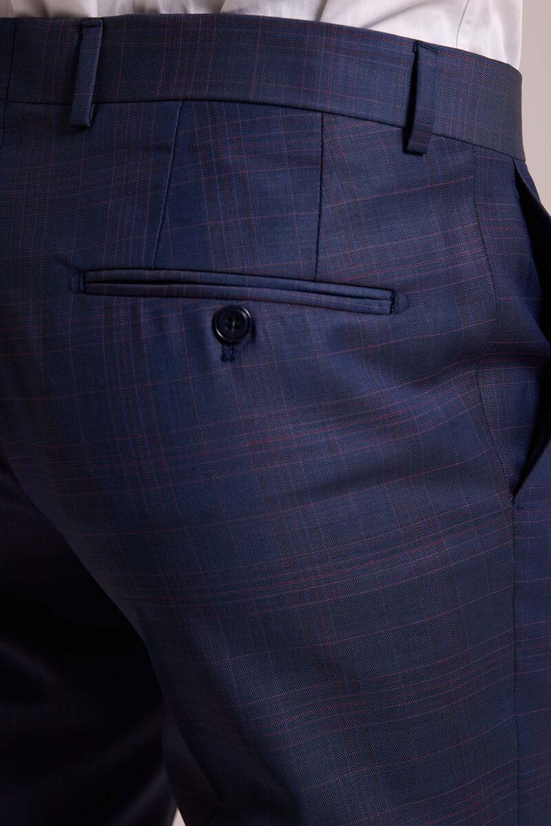 Erkek Lacivert Slim Fit Sivri Yaka Yelekli Yün Takım Elbise - 9