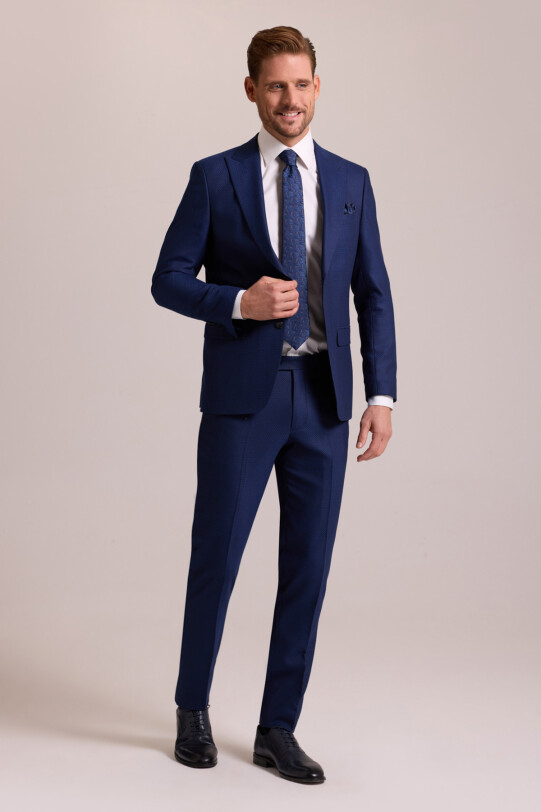 Erkek Lacivert Slim Fit Sivri Yaka Yelekli Yün Takım Elbise