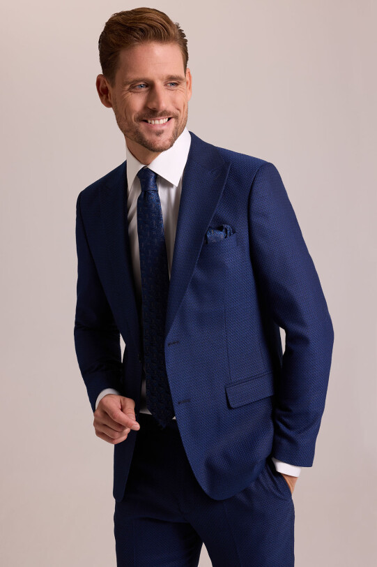 Erkek Lacivert Slim Fit Sivri Yaka Yelekli Yün Takım Elbise