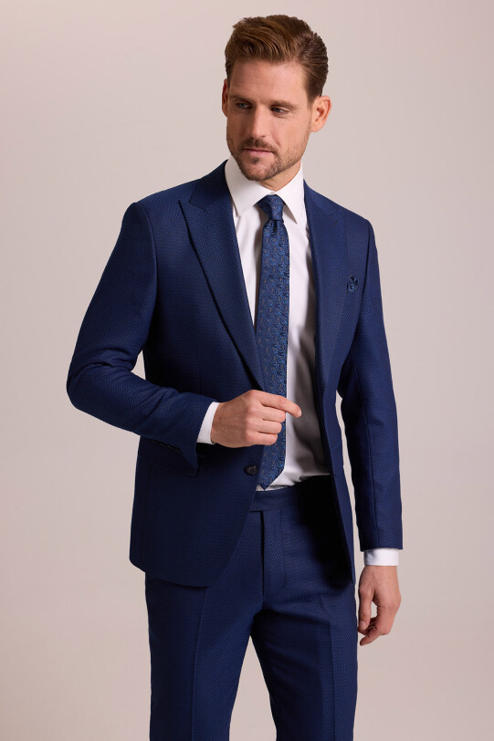 Erkek Lacivert Slim Fit Sivri Yaka Yelekli Yün Takım Elbise