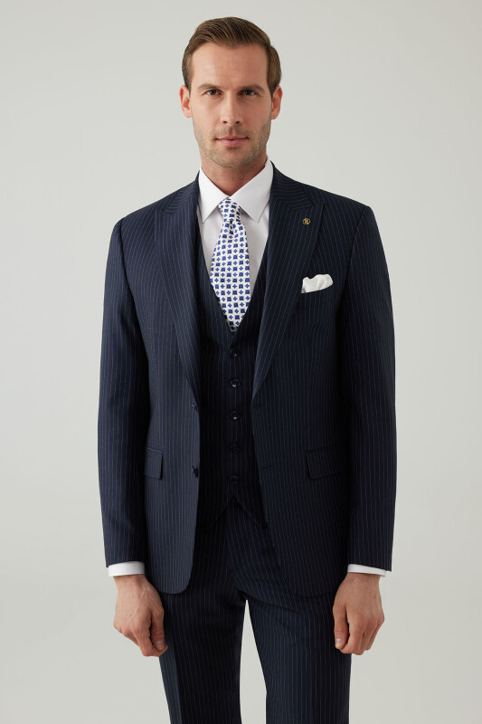 Erkek Lacivert Slim Fit Sivri Yaka Yelekli Yün Takım elbise