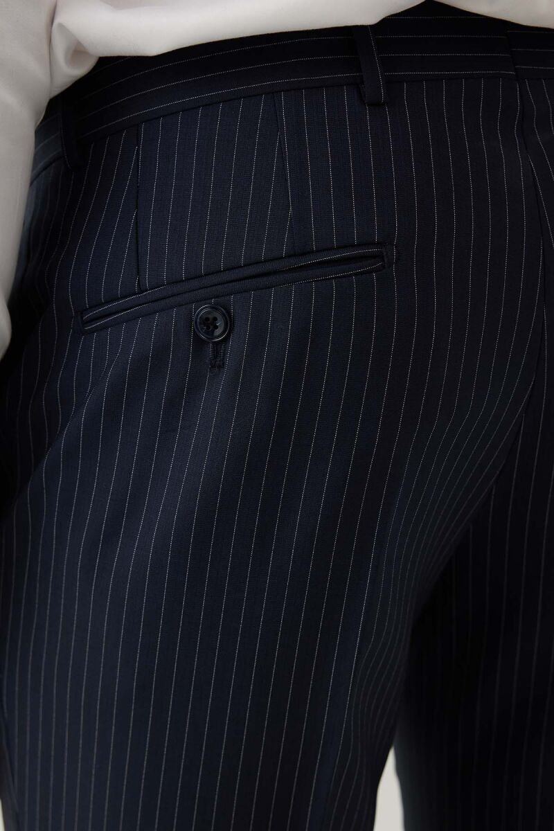 Erkek Lacivert Slim Fit Sivri Yaka Yelekli Yün Takım elbise - 11