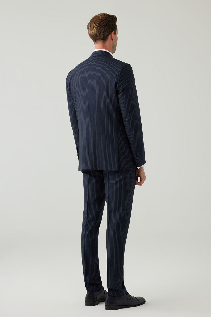 Erkek Lacivert Slim Fit Sivri Yaka Yelekli Yün Takım elbise - 12