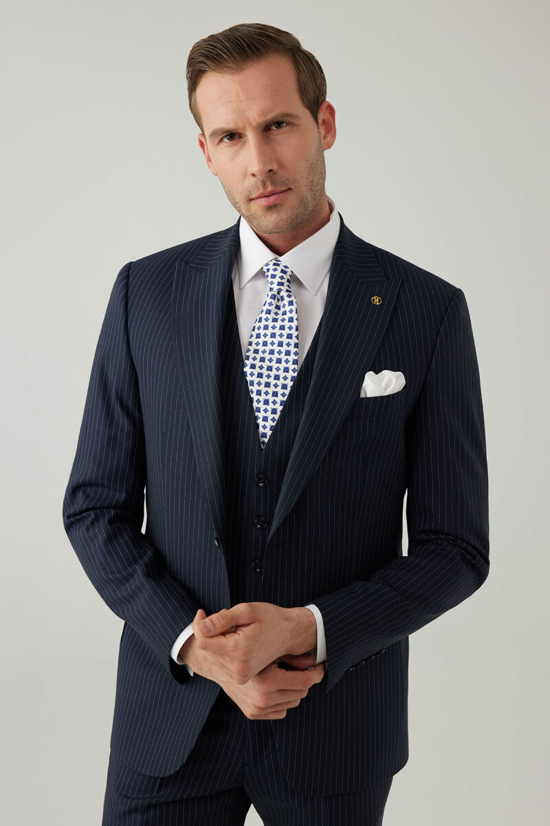 Erkek Lacivert Slim Fit Sivri Yaka Yelekli Yün Takım elbise - 2