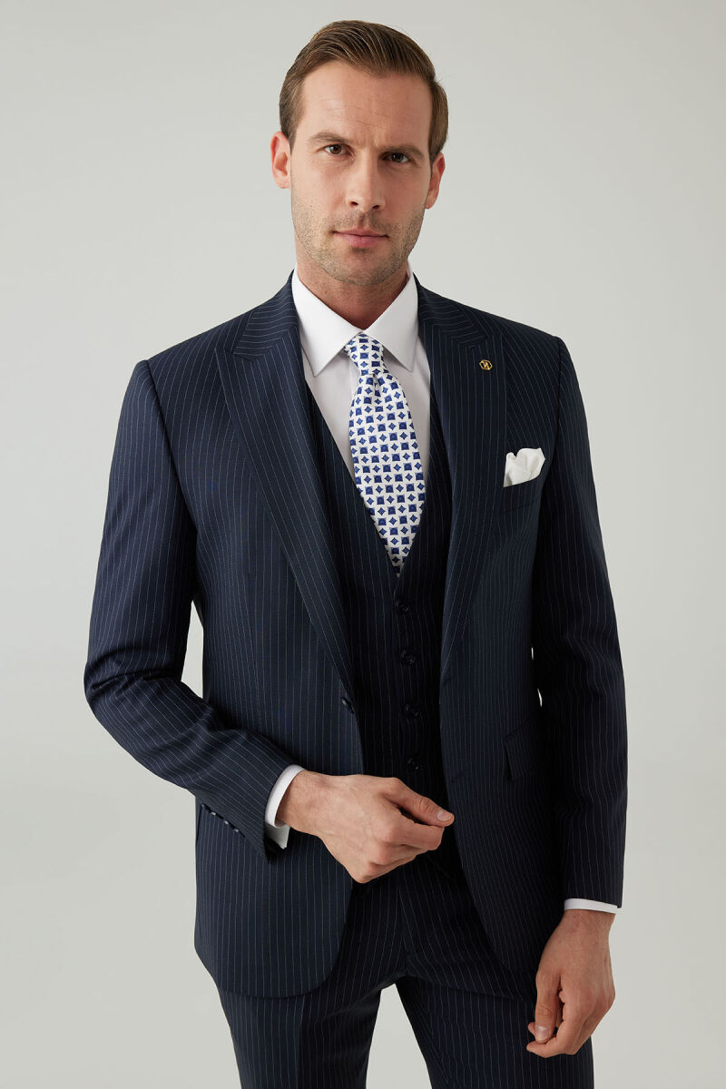 Erkek Lacivert Slim Fit Sivri Yaka Yelekli Yün Takım elbise - 5