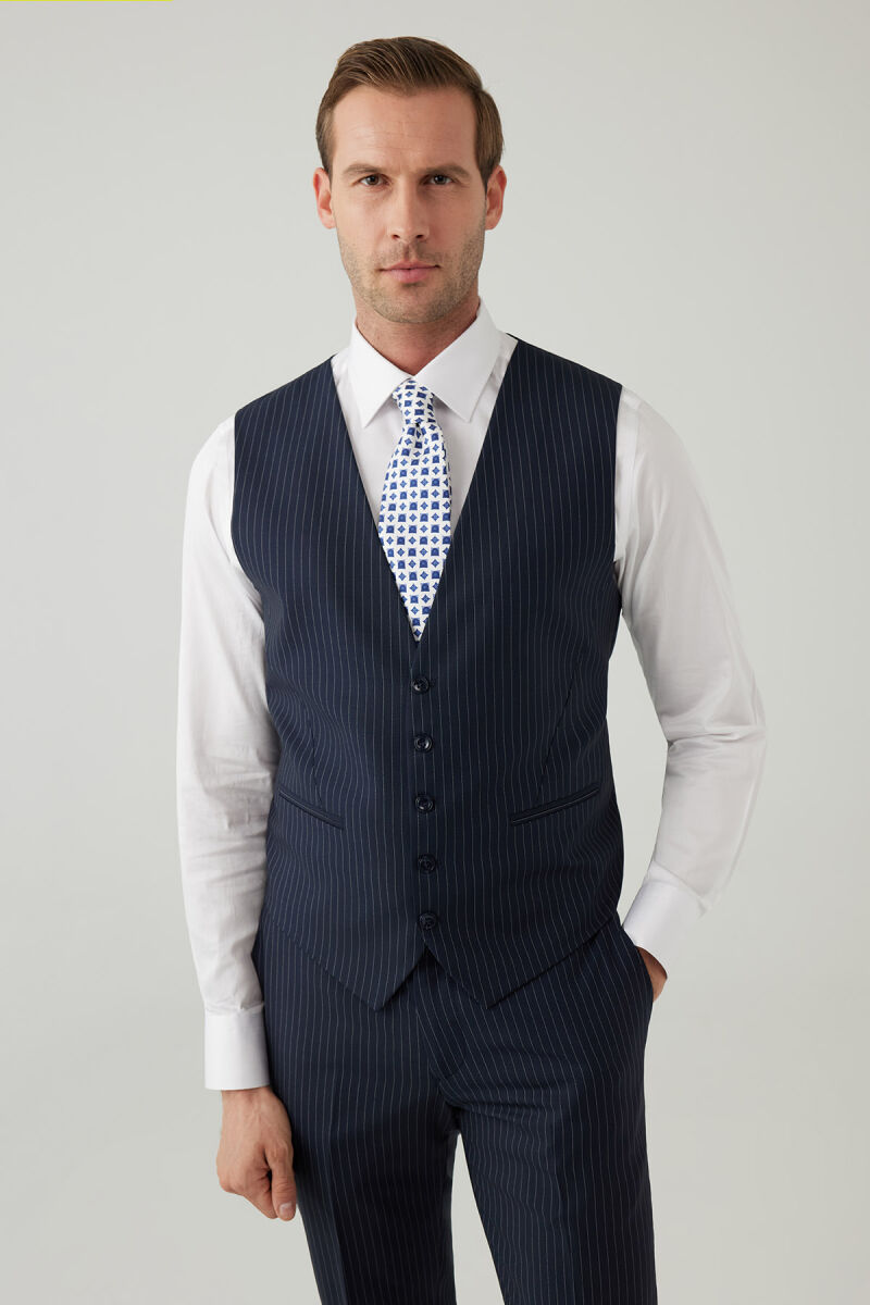 Erkek Lacivert Slim Fit Sivri Yaka Yelekli Yün Takım elbise - 6