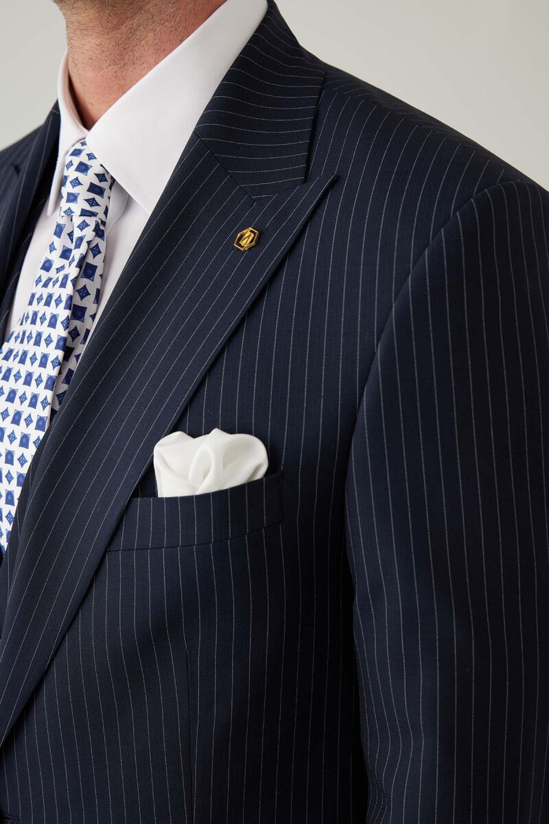 Erkek Lacivert Slim Fit Sivri Yaka Yelekli Yün Takım elbise - 7