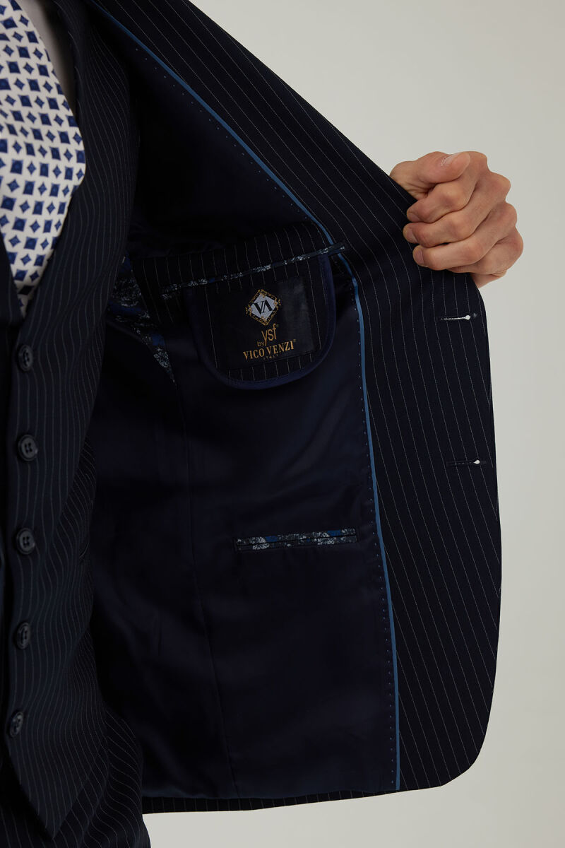 Erkek Lacivert Slim Fit Sivri Yaka Yelekli Yün Takım elbise - 8