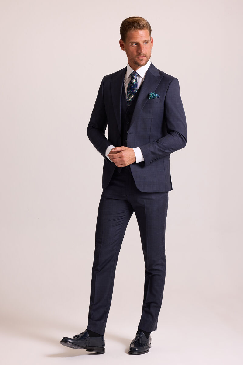 Erkek Lacivert Slim Fit Sivri Yaka Yelekli Yün Takım Elbise - 2