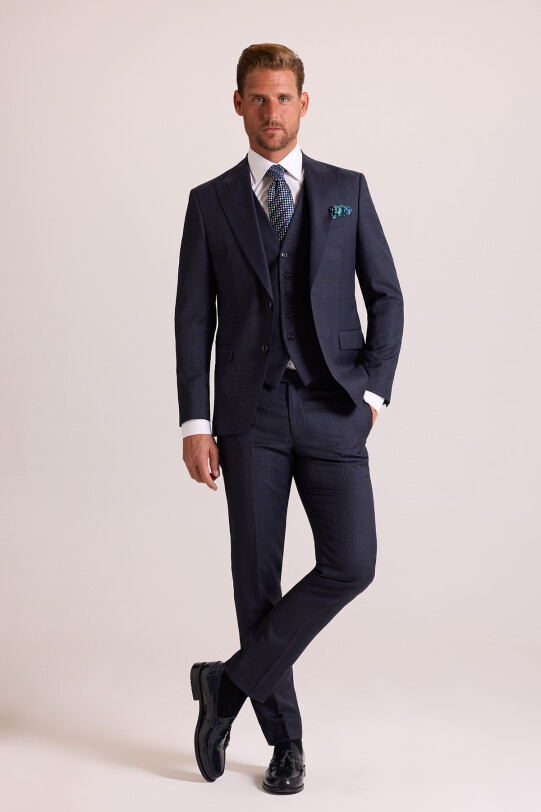 Erkek Lacivert Slim Fit Sivri Yaka Yelekli Yün Takım Elbise