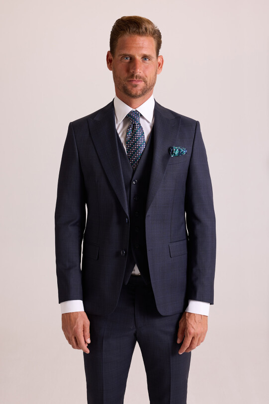 Erkek Lacivert Slim Fit Sivri Yaka Yelekli Yün Takım Elbise