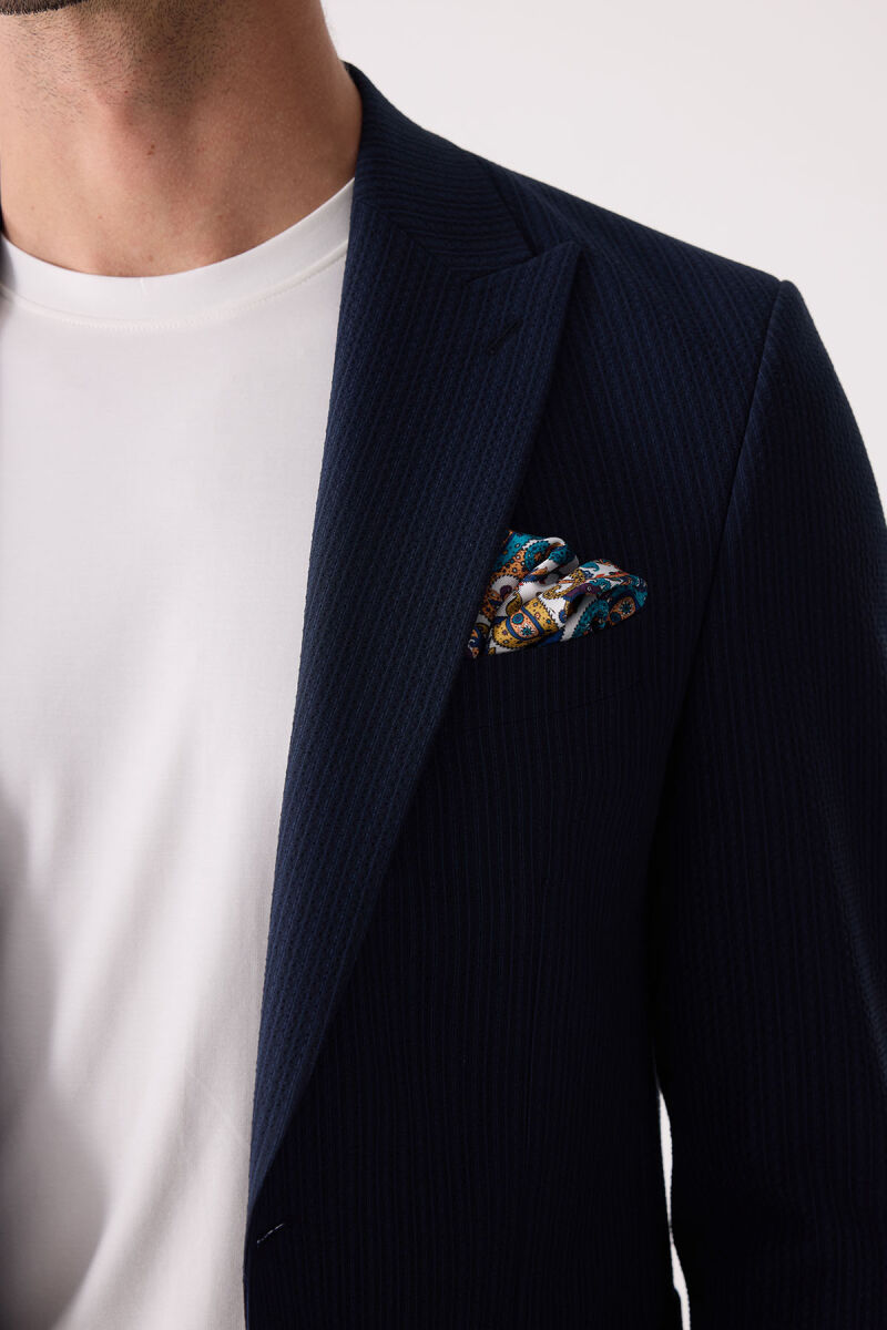 Erkek Lacivert Slim Fit Torba Cep Çizgili Jogger Pantolonlu Sivri Yaka Takım Elbise - 8