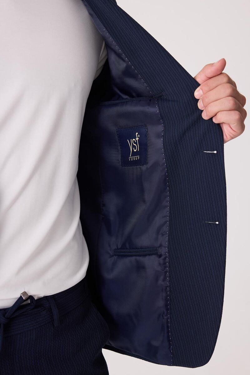 Erkek Lacivert Slim Fit Torba Cep Çizgili Jogger Pantolonlu Sivri Yaka Takım Elbise - 9