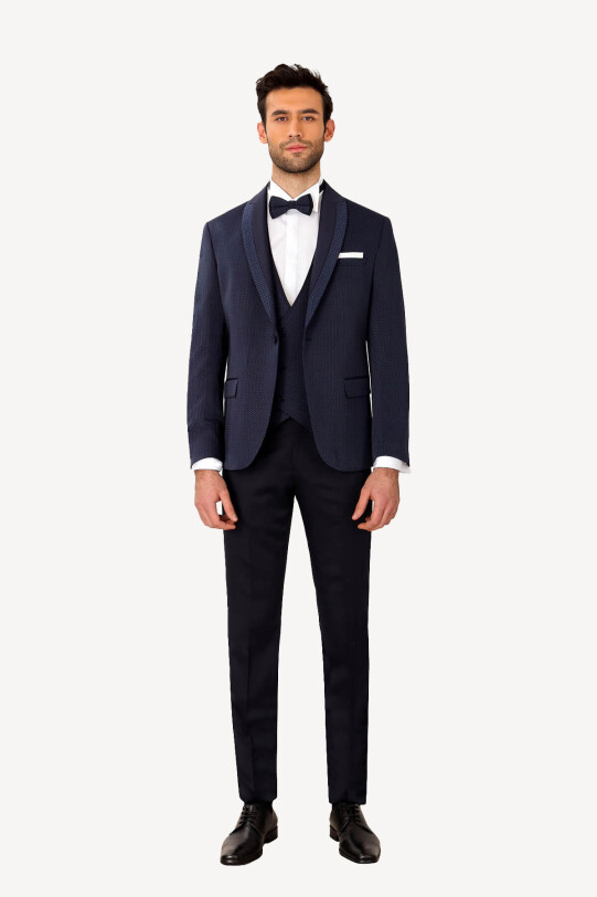 Erkek Lacivert Slim Fit Yelekli Çıkma Şal Yaka Damatlık