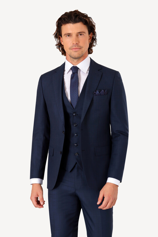 Erkek Lacivert Slim Fit Yelekli Kareli Desen Takım Elbise