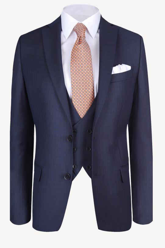 Erkek Lacivert Slim Fit Yelekli Kareli Takım Elbise