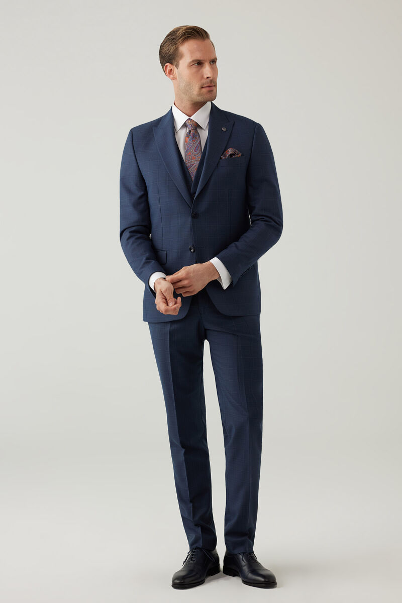 Erkek Lacivert Slim Fit Yelekli Sivri Yaka Kareli Takım Elbise - 2