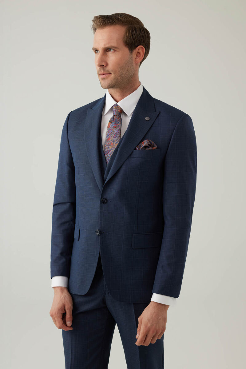 Erkek Lacivert Slim Fit Yelekli Sivri Yaka Kareli Takım Elbise - 5