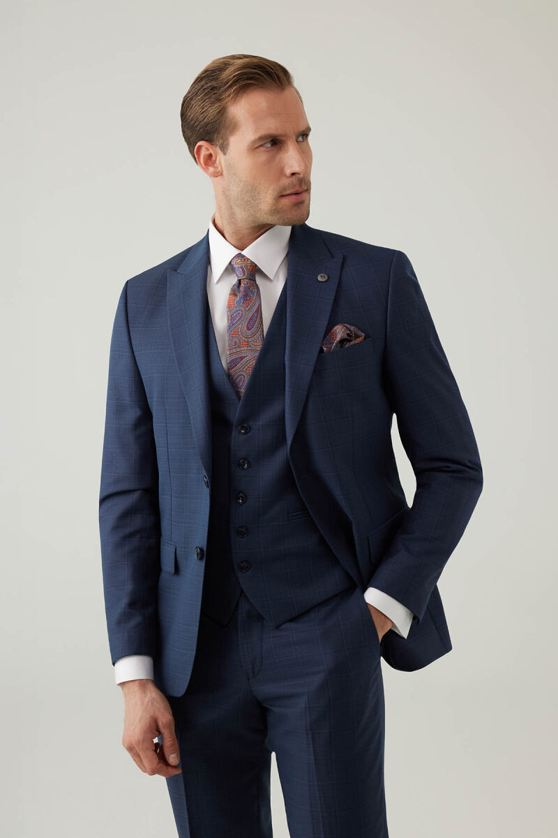 Erkek Lacivert Slim Fit Yelekli Sivri Yaka Kareli Takım Elbise - 6