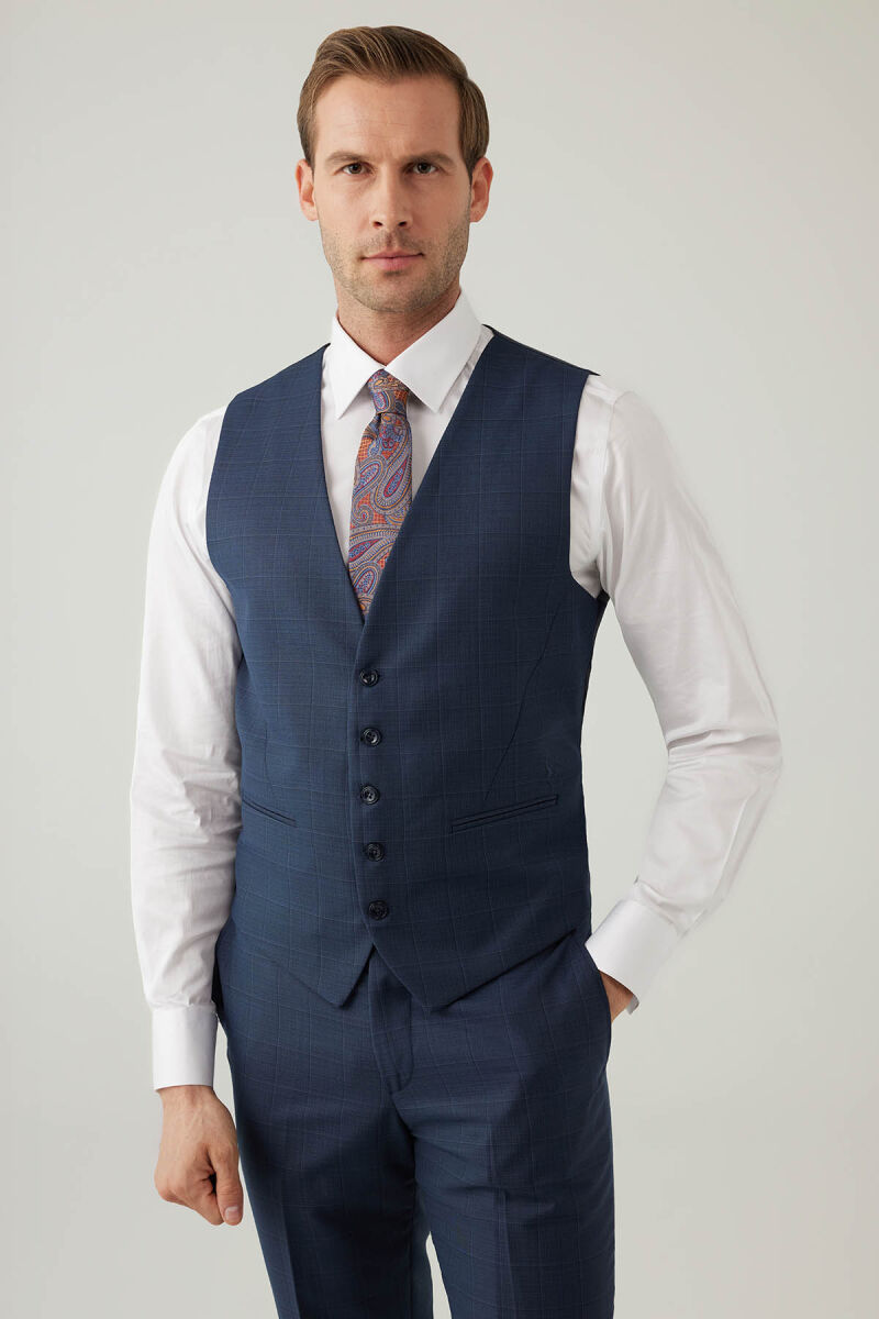 Erkek Lacivert Slim Fit Yelekli Sivri Yaka Kareli Takım Elbise - 7