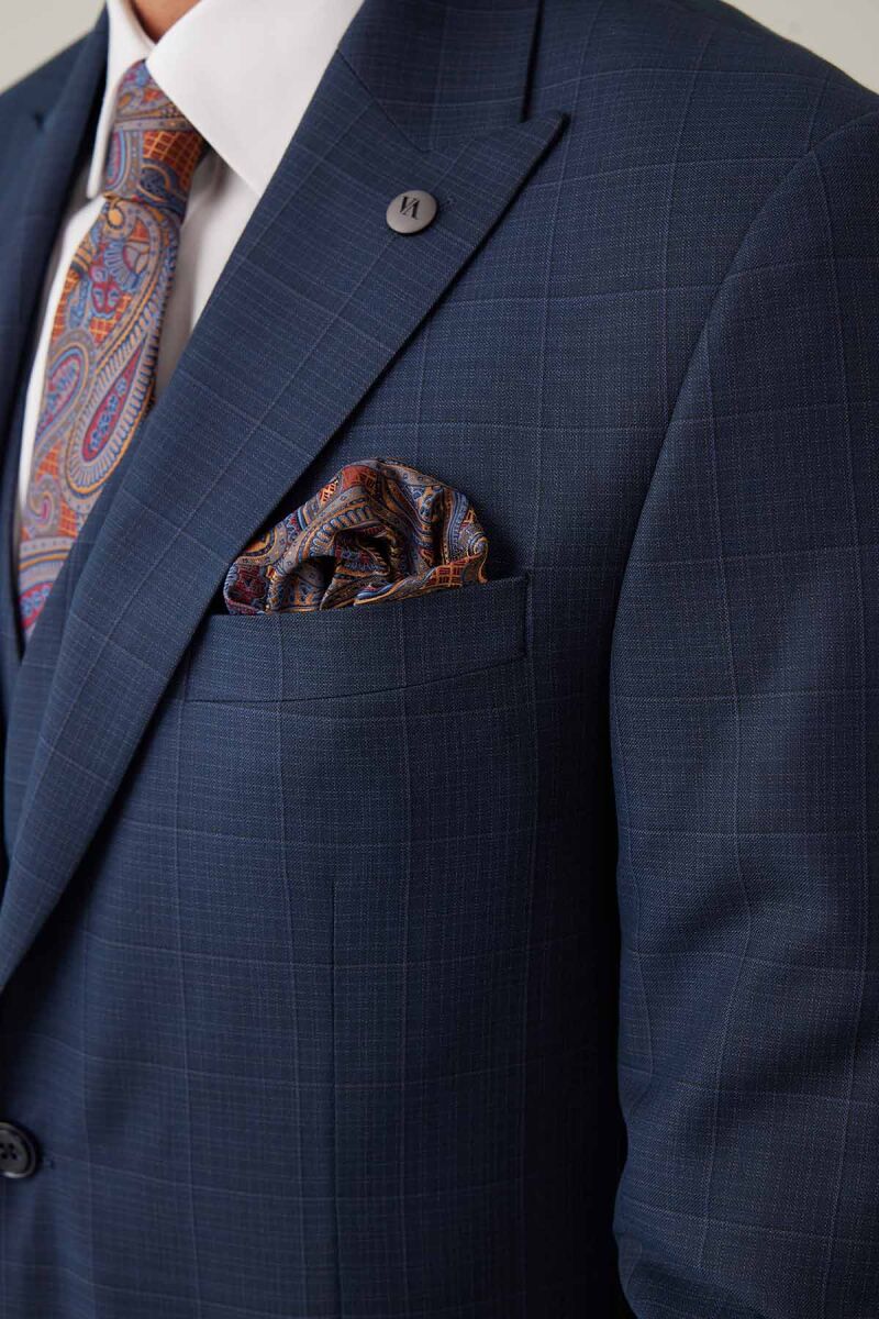Erkek Lacivert Slim Fit Yelekli Sivri Yaka Kareli Takım Elbise - 8