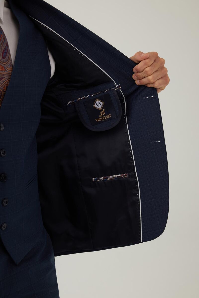 Erkek Lacivert Slim Fit Yelekli Sivri Yaka Kareli Takım Elbise - 9