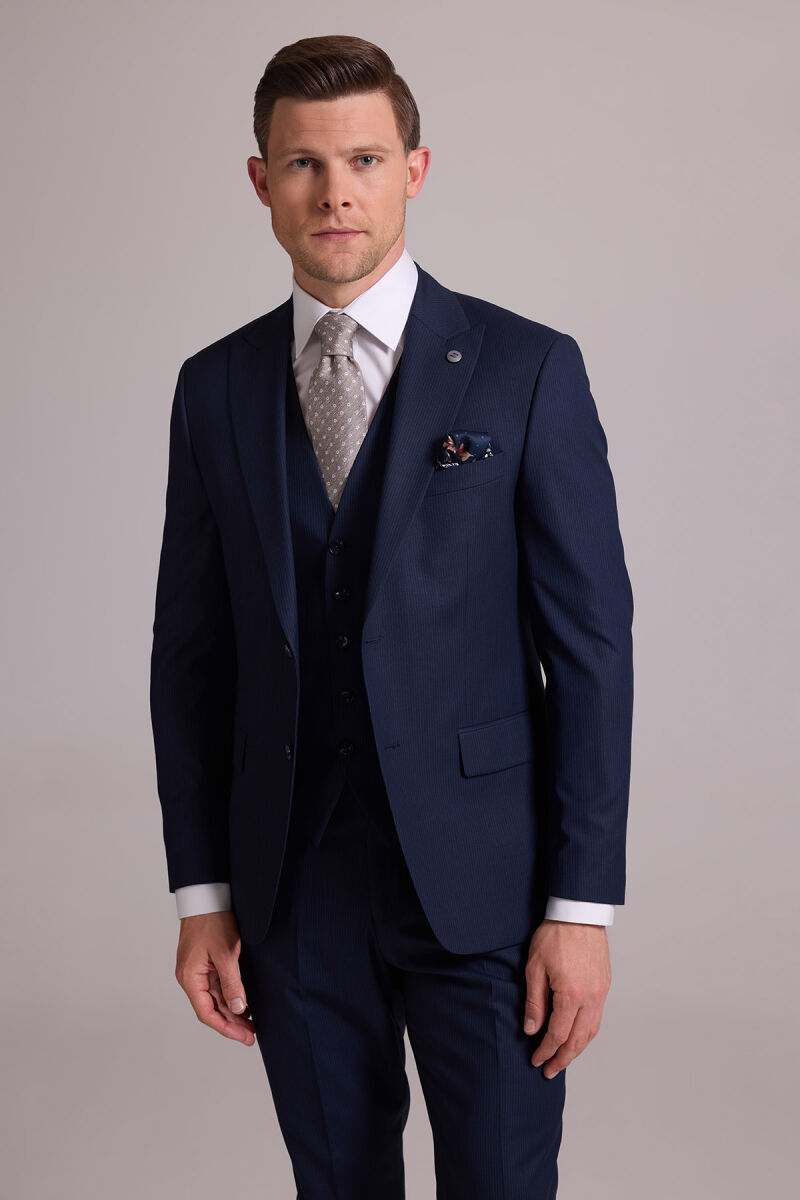 Erkek Lacivert Slim Fit Yün Karışımlı Sivri Yaka Çizgili Yelekli Takım Elbise - 5