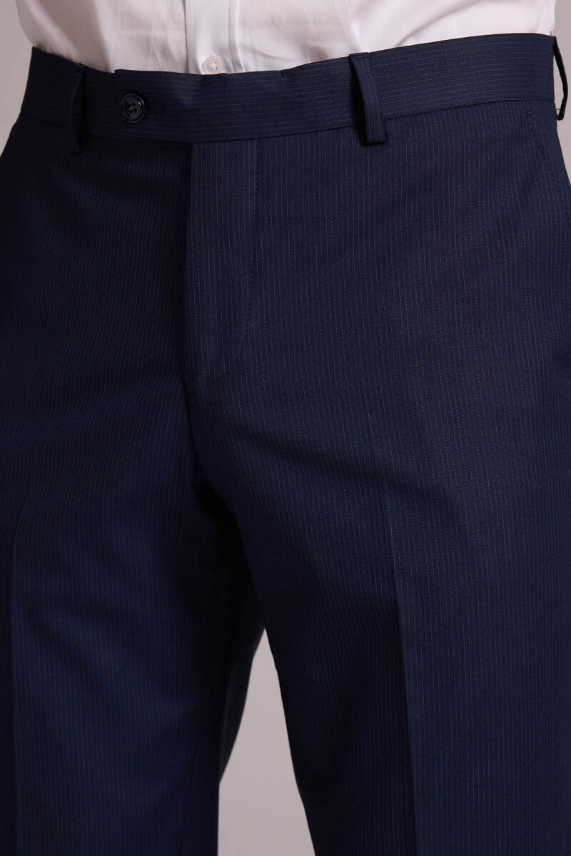 Erkek Lacivert Slim Fit Yün Karışımlı Sivri Yaka Çizgili Yelekli Takım Elbise - 7