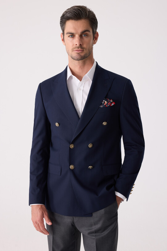 Erkek Lacivert Slim Fit Yün Puntolu Kruvaze Blazer Ceket