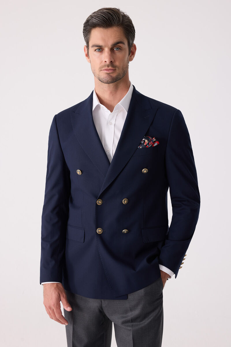 Erkek Lacivert Slim Fit Yün Puntolu Kruvaze Blazer Ceket - 1