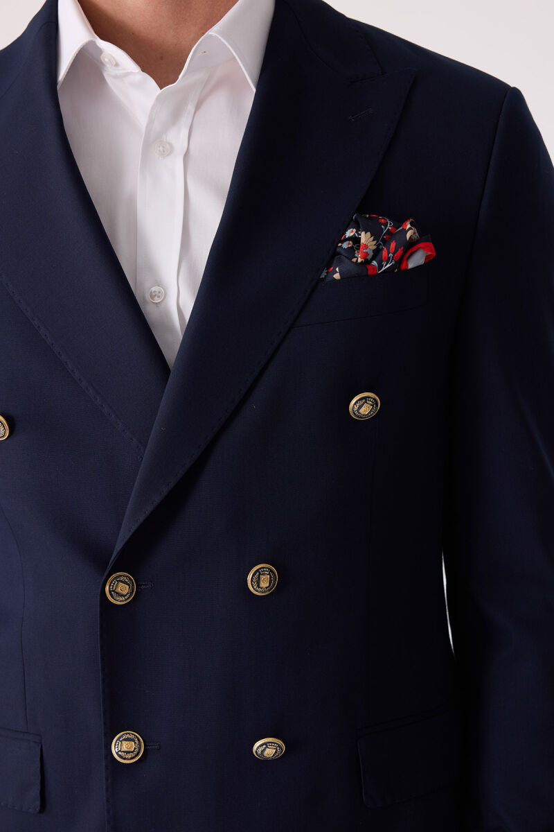 Erkek Lacivert Slim Fit Yün Puntolu Kruvaze Blazer Ceket - 10