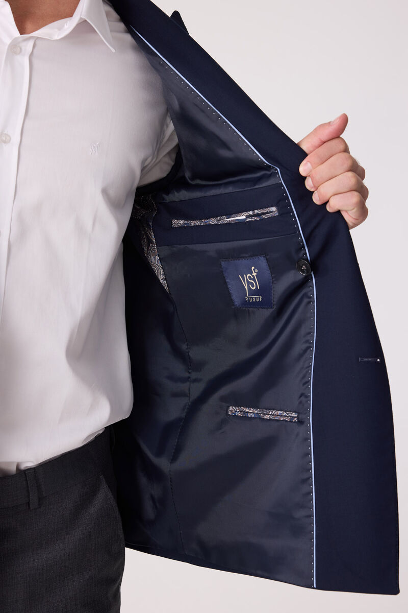 Erkek Lacivert Slim Fit Yün Puntolu Kruvaze Blazer Ceket - 11