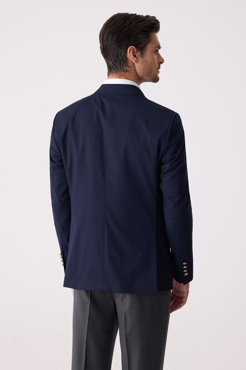 Erkek Lacivert Slim Fit Yün Puntolu Kruvaze Blazer Ceket - 12