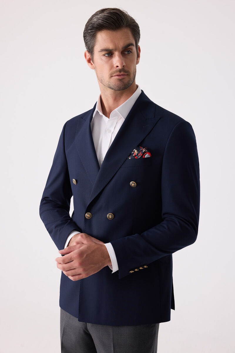 Erkek Lacivert Slim Fit Yün Puntolu Kruvaze Blazer Ceket - 2